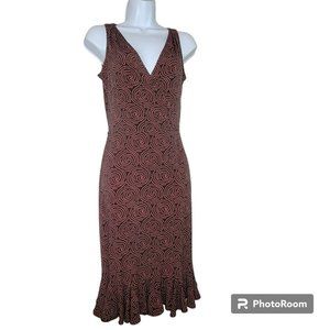 London Times Dress, Women 4, Brown with Pink Dotted Circular Print, Midi, EUC